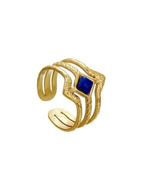 Gold Adjustable Ring with Blue Stone - Women Jewelry